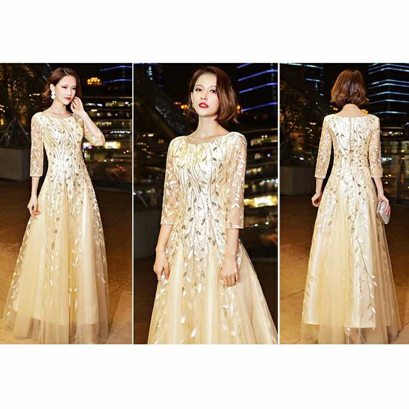 kudapy เดรสยาว ชุดราตรียาวสีแดง/สีครีมทอง/สีน้ำเงิน เดรสออกงานปักลายใบไม้แขนสามส่วน กระโปรงทรงหางปลา เรียบหรูดูแพง สวยดูดี แบบสวยทันสมัย ใส่ออกงาน