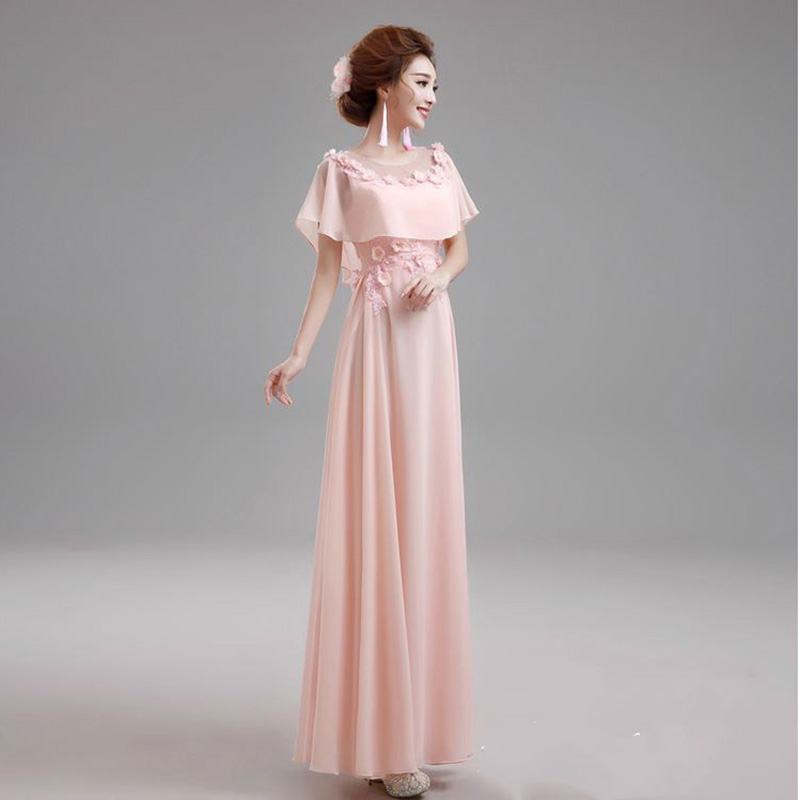 kudapy ชุดราตรียาวสีชมพู/สีขาว ชุดราตรีปิดไหล่ผ้าชีฟอง แต่งดอกและลูกปัดสวยตามแบบ