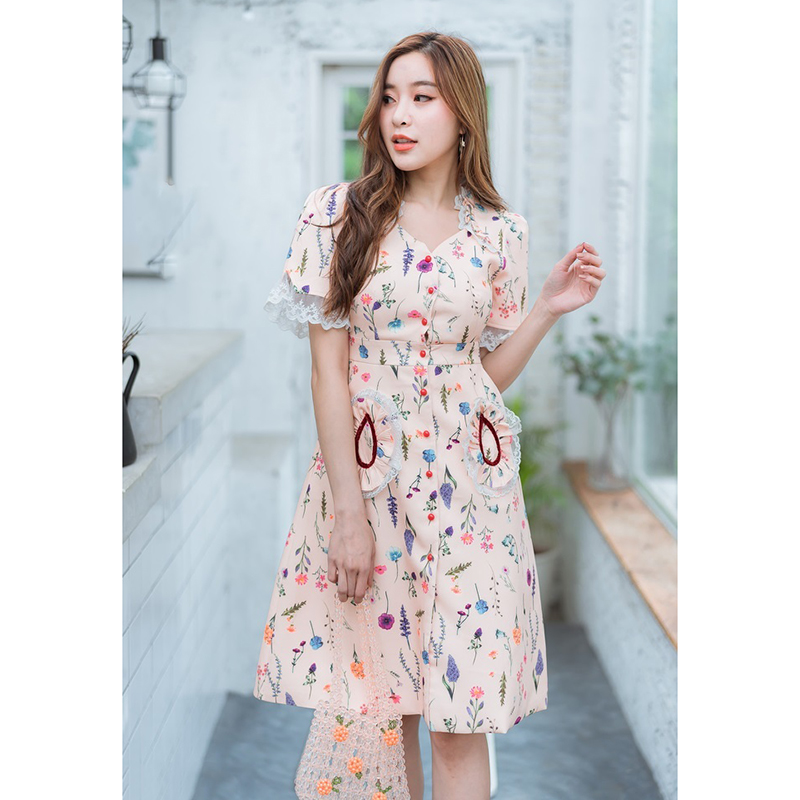 kudapy เดรสสั้นสีครีม ฟลาวเวอร์เดรสสวยใส่สบายดูดี