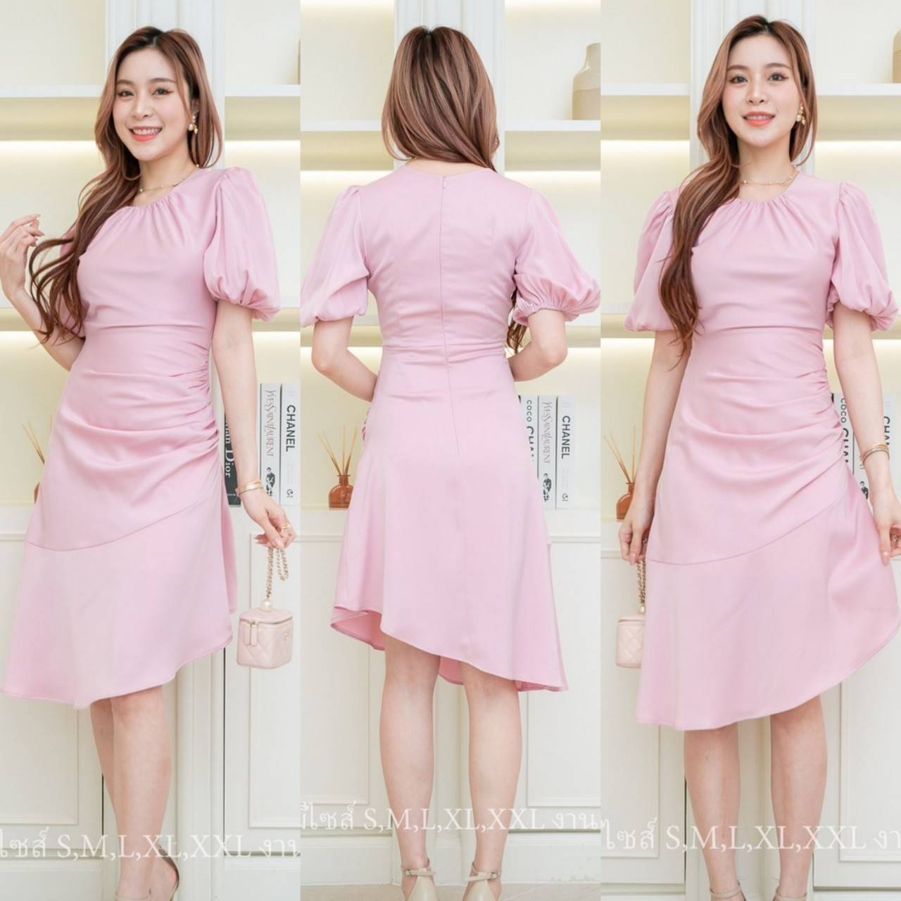 kudapy ชุดเดรสสั้นใส่ออกงาน คอกลมจับจีบระบาย เดรสทรงบานแต่งระบาย ผ้าเครปซาตินนุ่มลื่นใส่สบาย ชุดยาว 40 นิ้ว