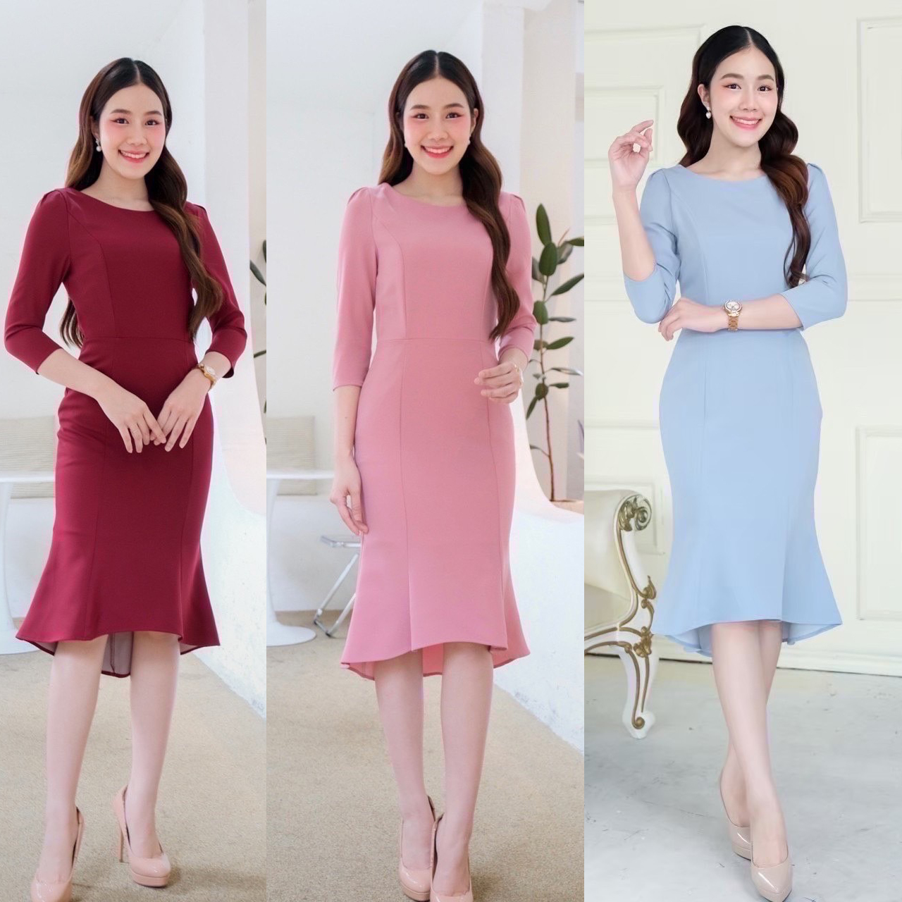 kudapy เดรสแขน3/4 กระโปรงทรงหางปลา เรียบหรูสุดๆ ใส่ไปงาน ผ้าเครปเกาหลี หนานุ่ม เด้งดึ๋ง ใส่สบาย