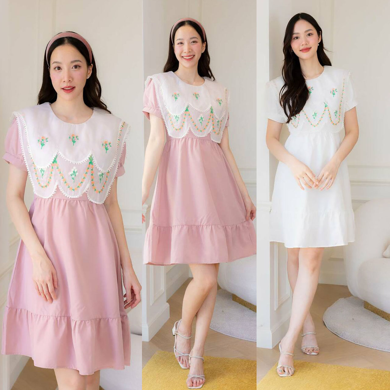 kudapy เดรสสั้นสีชมพู/สีขาว ผ้าพื้นกระโปรงบานปักดอกปก