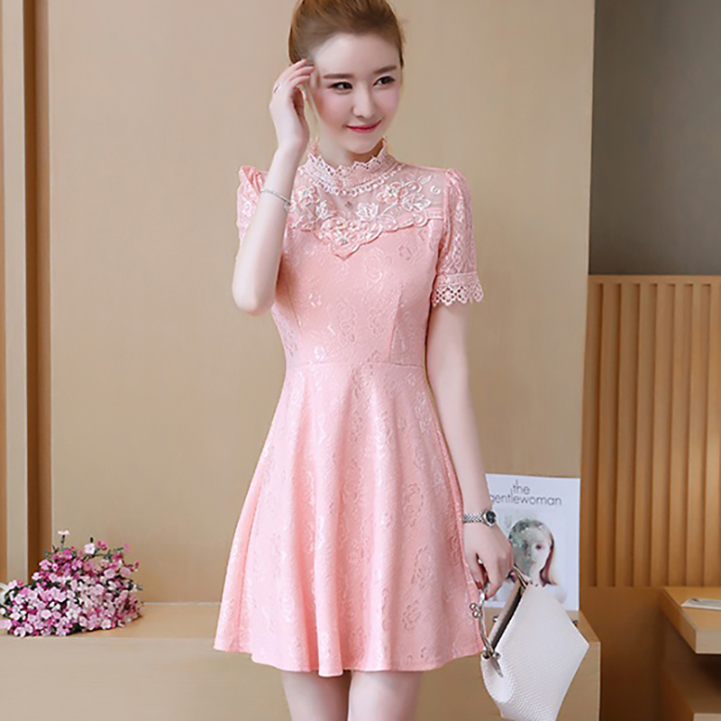 kudapy เดรสสั้นลูกไม้คอปีนสีม่วง/สีส้มโอรส เดรสลูกไม้เนื้อนิ่มใส่สบาย มีซับใน ซิบหลัง แขนสั้น