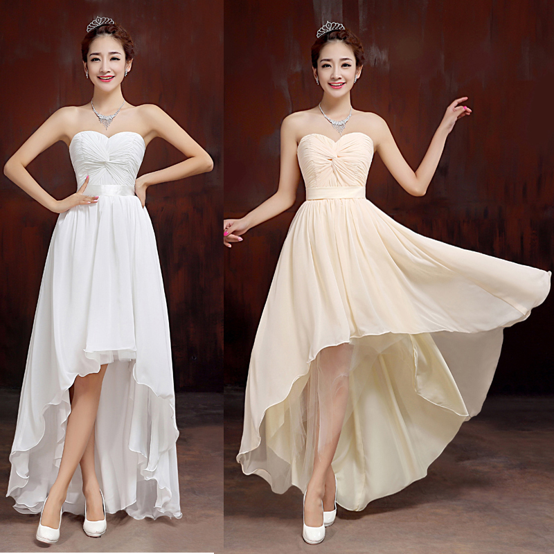 kudapy เดรสสั้นสีครีม/ขาว ราตรีสั้น เกาะอก หน้าสั้นหลังยาว คอจับเดรปรูปหัวใจ
