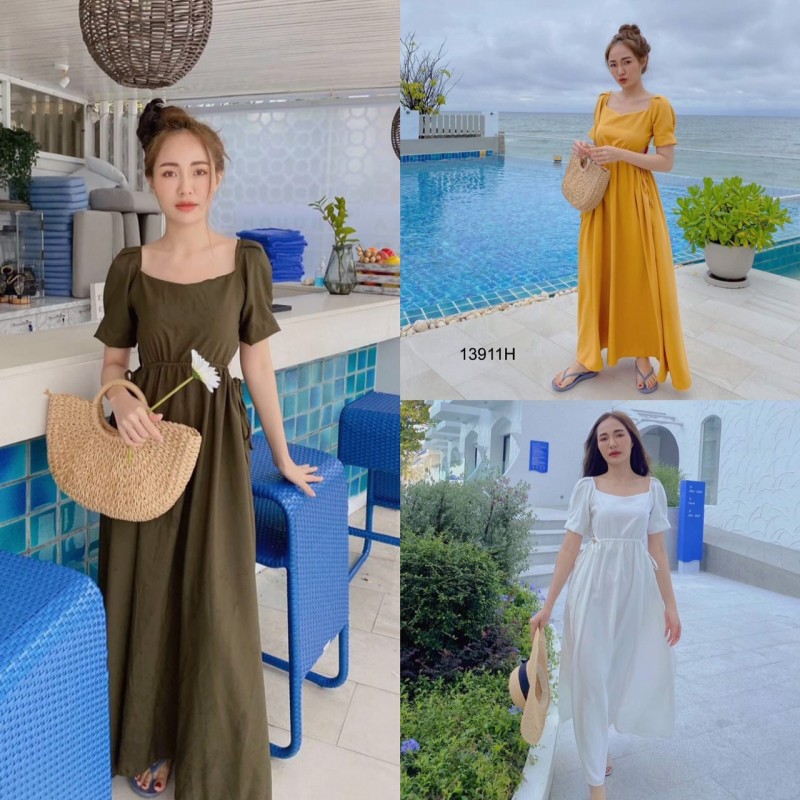 kudapy แม็กซี่เดรสยาวสีขาว,สีเขียว,สีเหลือง เจาะเอวด้านข้าง รูดปรับขนาดเอวเองได้ แขนจีบตุ๊กตา ซิปหลัง ผ้าซาร่าสีพื้น