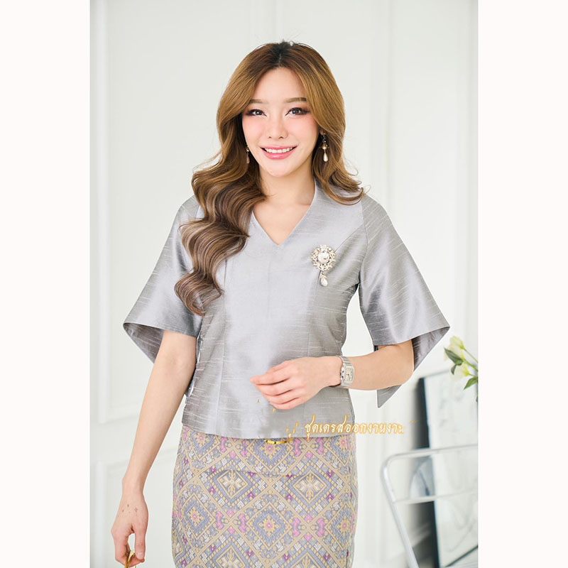 kudapy ชุดเซ็ทเสื้อผ้าไหมแพรทิพย์ สีเทา+ผ้าถุงผ้าฝ้ายทอลายแพรวากาฬสินธุ์