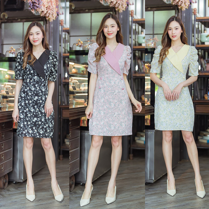 kudapy เดรสสั้นสีชมพู/สีดำ/สีเเหลือง เดรสทำงานทรงสูทลายดอก