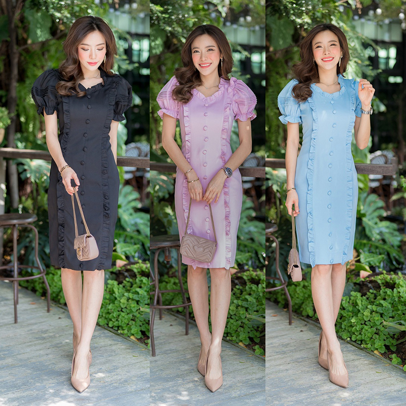 kudapy เดรสสั้นสีดำ/สีฟ้า/สีชมพู คอระบายแขนตุ๊กตา