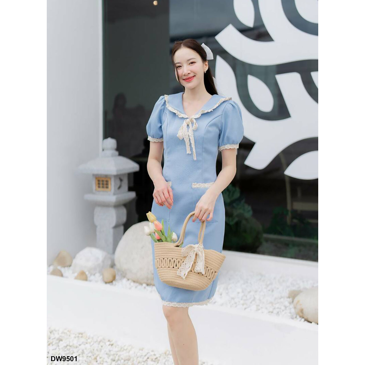 kudapy เดรสสั้สีชมพู/สีฟ้า/สีกรม คอปกแต่งลูกไม้แขนตุ๊กตา