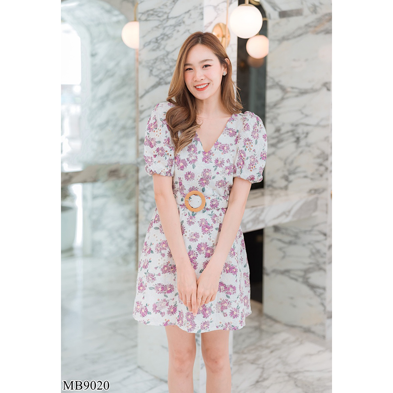 kudapy เดรสสั้นสีม่วง/สีเหลือง ผ้าฉลุพิมพ์ลายดอก+เข็มขัด