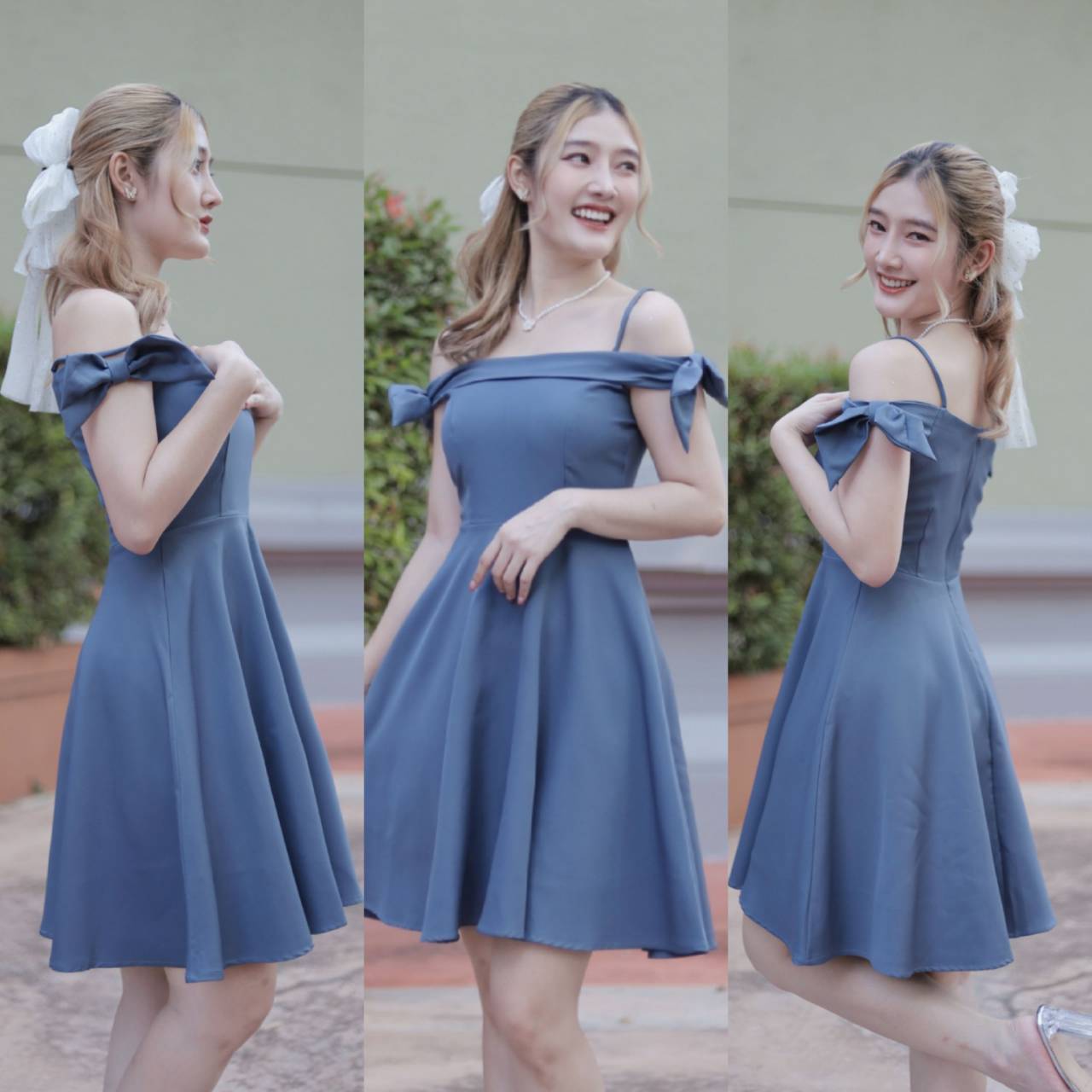 kudapy เดรสสั้นออกงานสายเดี่ยว แต่งโบว์ เดรสออกงานทรงระบาย ผ้าเบเป้ ยาว 35 นิ้ว