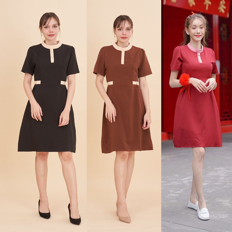 kudapy เดรสสั้นสีแดงสีดำ/สีน้ำตาล คอกลมแต่งกระดุม ใส่ไปงานตรุษจีน ใส่ทำงาน สวยดูดีน่ารัก