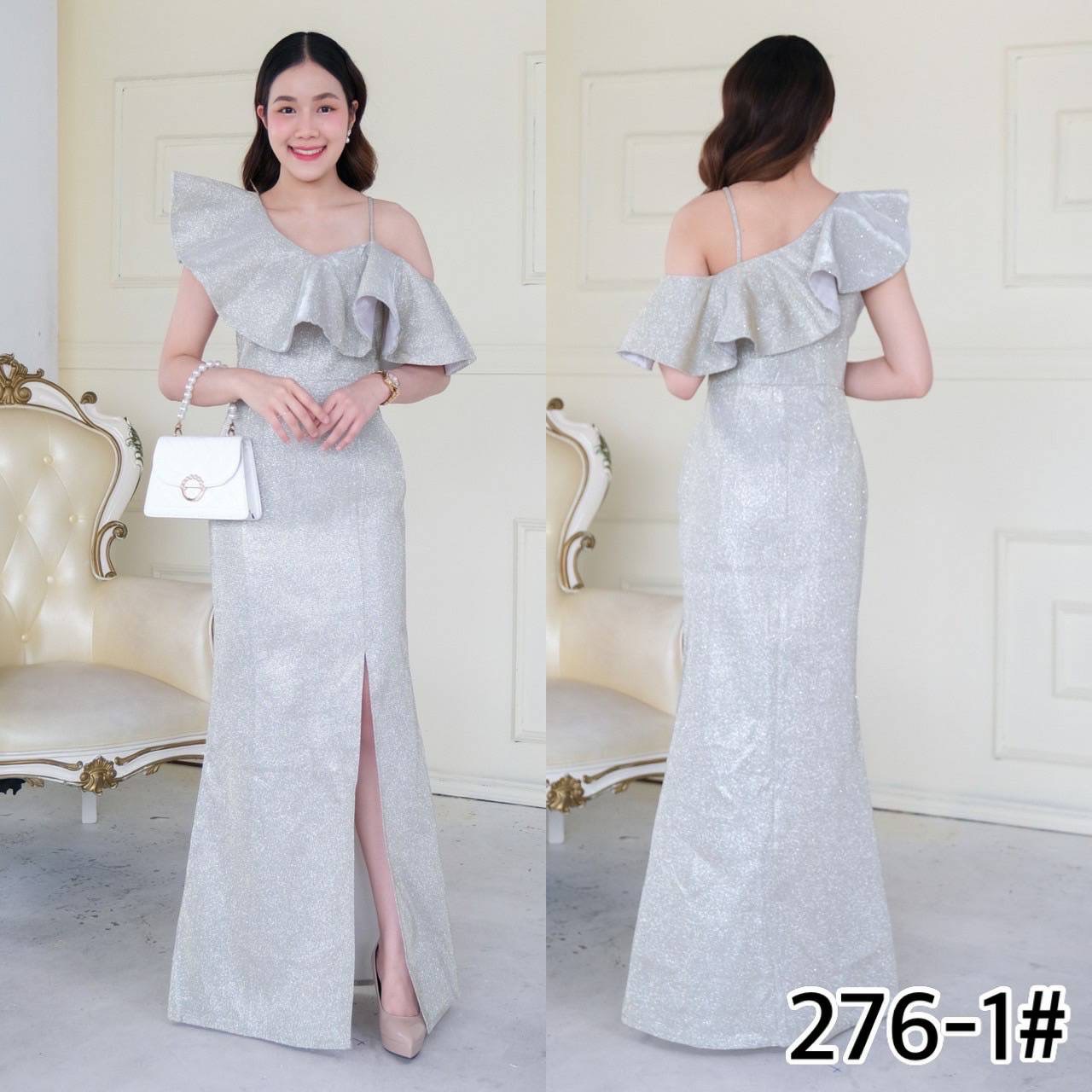 kudapy เดรสยาวสีชมพู/สีฟ้า/สีเทา/สีทอง ไหล่เฉียง ระบาย ปิดไหล่ขวา กระโปรงหางปลา ผ่าหน้า มีสายคล้องไหล่