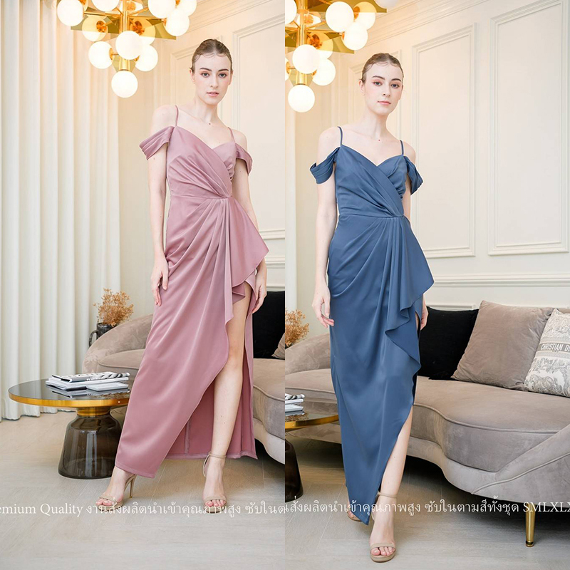 kudapy เดรสยาวสีเทาอมกรม/สีชมพูกลีบบัว ชุดราตรีไหล่ปิดไหล่ ทรงจับจีบผ่าข้างระบาย