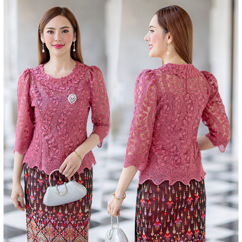 kudapy kudapy (เฉพาะเสื้อ) เสื้อลูกไม้สีม่วง/สีเขียว/สีฟ้า ผ้าลูกไม้ใยบวบเนื้อดี คอกลมสูง มีซับใน ซิปหลัง