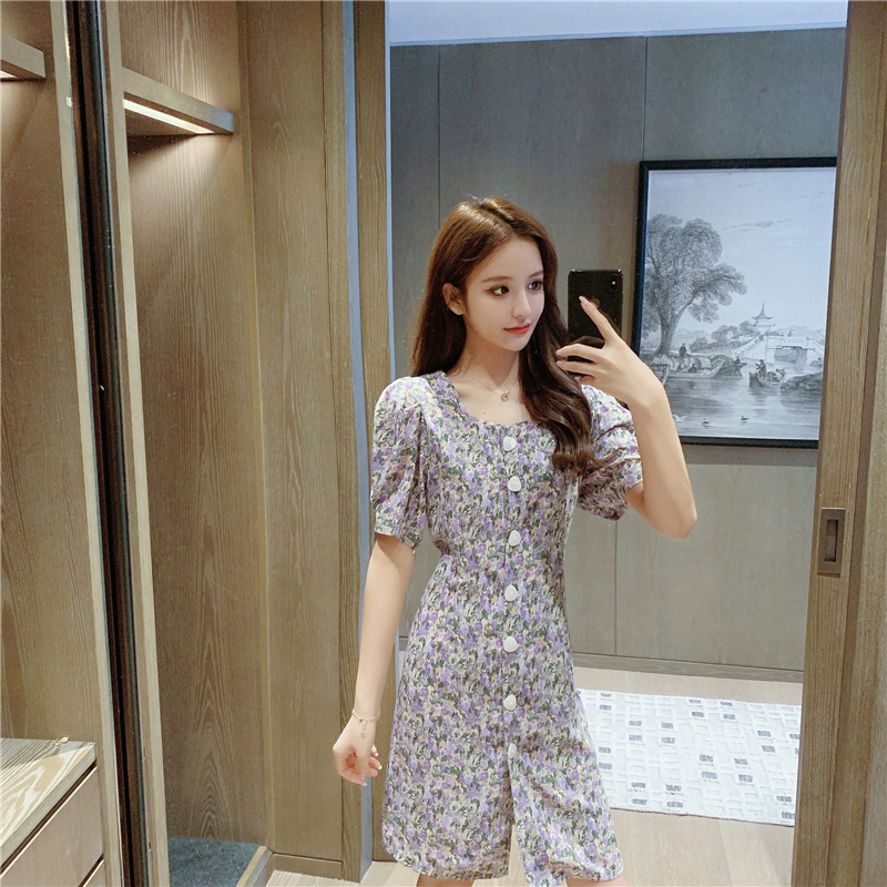 kudapy ชุดเดรสสีม่วง,สีเหลืองมัสตาร์ดใส่ทำงาน ผ้าโพลีเอสเตอร์ผสม พิมพ์ลายดอกไม้