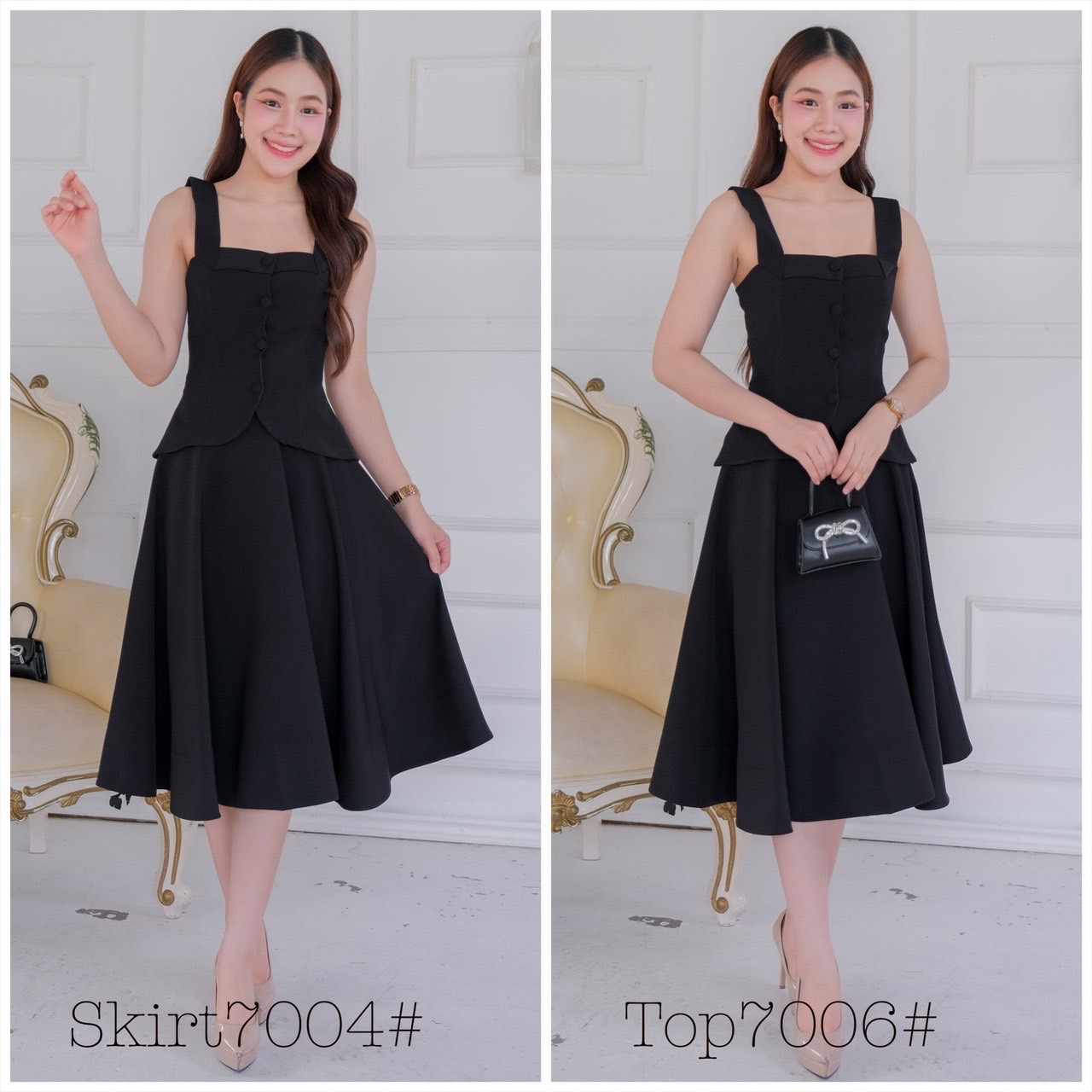 kudapy ชุดเซ็ทเสื้อแขนกุดกระดุมหน้า ชายโค้งทิวลิป คอตตอนวูลบาง อัดกาว กระโปรงทรงบานเอวสูง พริ้วสว