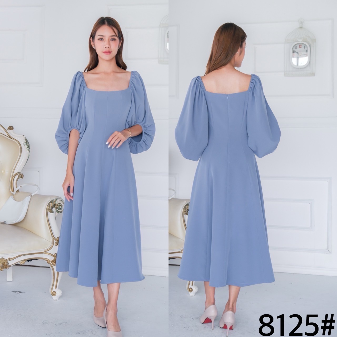 kudapy เดรสยาว คอเหลี่ยม แขนพองจีบรูด คัตติ้ง บอดี้ผ้าประกอบ8ชิ้น กระโปรงบานตีเกร็ดเอว