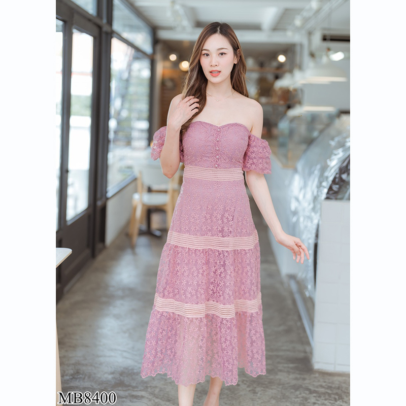 kudapy เดรสยาวเปิดไหล่สีชมพู/สีขาว ลูกไม้ออกงานเปิดไหล่สวยดูดี