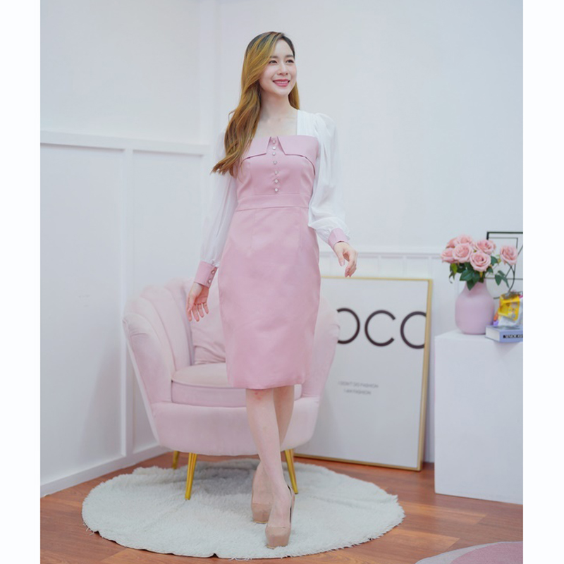 kudapy เดรสสั้นสีชมพู/สีน้ำตาล .แขนยาวแต่งกระดุมมุกสวยดูดี