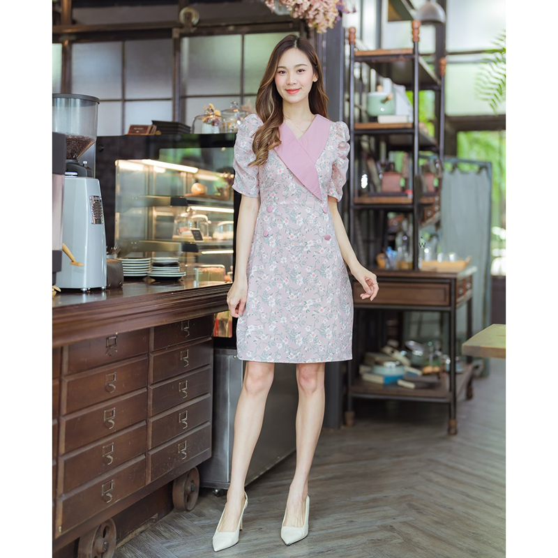 kudapy เดรสสั้นสีชมพู/สีดำ/สีเเหลือง เดรสทำงานทรงสูทลายดอก