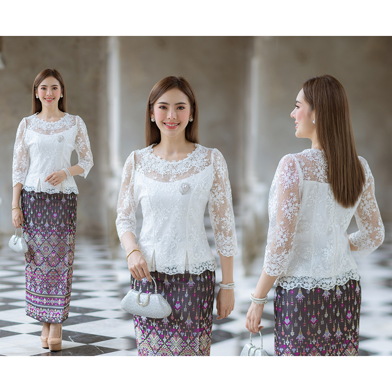 kudapy (เฉพาะเสื้อ) เสื้อลูกไม้สีทอง/สีดำ/สีม่วง/สีขาว ตัวเสื้อใช้ผ้าลูกไม้ใยบวบเนื้อดีลายลูกไม้แน่นทั้งตัว ตัวเสื้อมาพร้อมซับในเนื้อดีในตัว