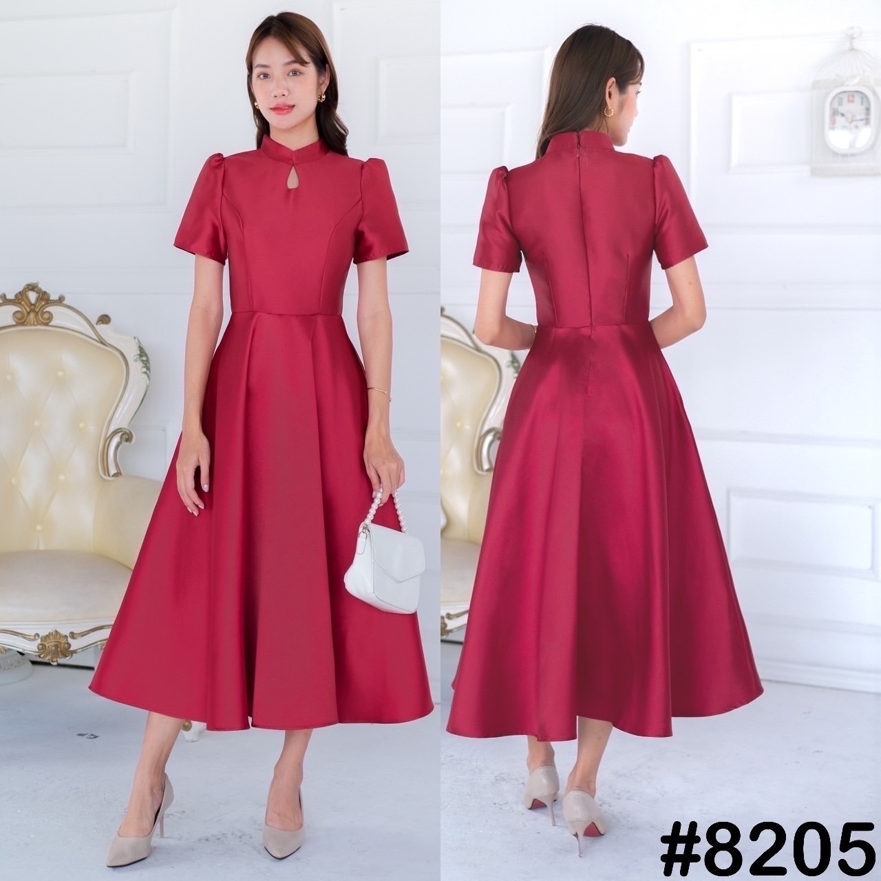 kudapy เดรสสั้นสีแดง/สีชมพู/สีทอง/สีขาว คอจีน รงแขนสั้นบ่าจีบ กระโปรงฟรีสะโพกพริ้วสวย พร้อมกระเป๋าข้าง