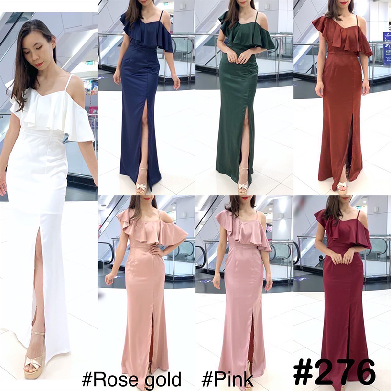 kudapy เดรสยาวสีสีขาว เขียว แดง กรมท่า คอปเปอร์ ชมพู โรสโกล บ่าเดี่ยวแต่งระบายอก มีสายสปาเกตตี้ปรับความยาวได้ ไม่ต้องกลัวหลุดกลัวร่วง กระโปรงทรงสอบเข้ารูป