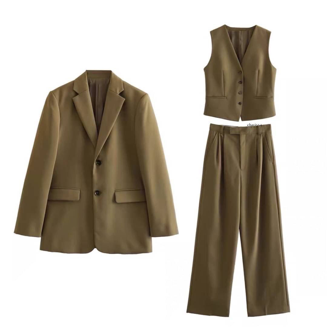 kudapy Setsuit 3 ชิ้น เสื้อกั้กกระดุมหน้า พร้อมกับเสื้อสูททรงโอเวอร์ไซส์กระเป๋าจริง กางเกงทรงปล่อยตรง ซิปตะขอหน้าไม่สม้อค