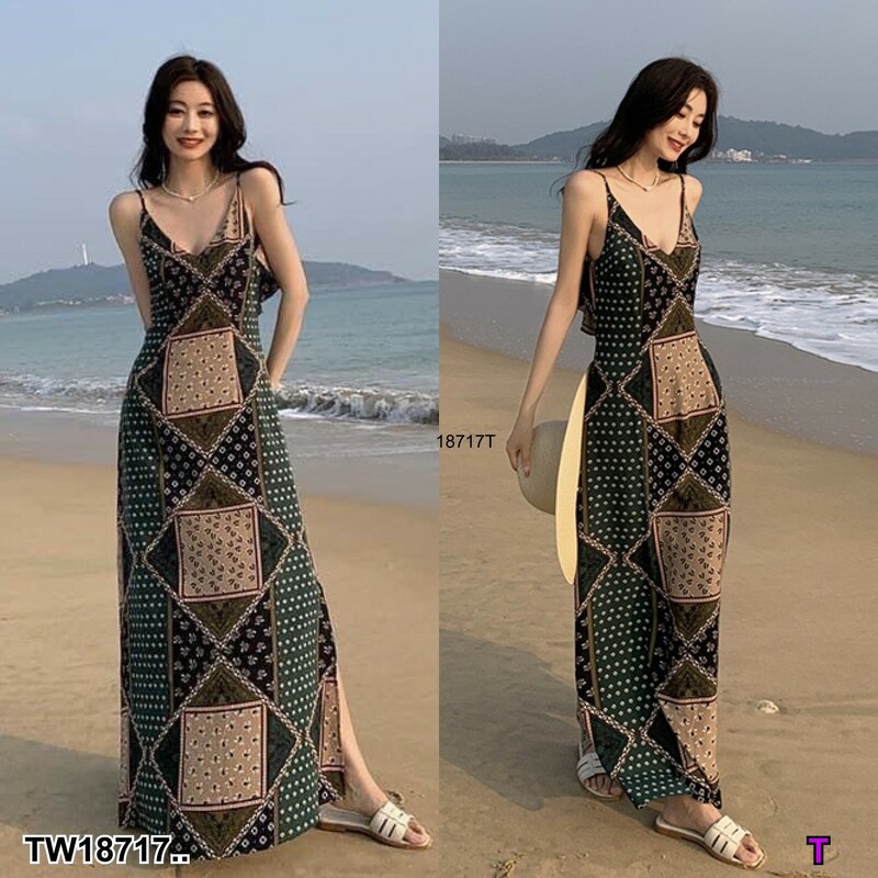 kudapy ชุดเดรสยาวสายเดี่ยวไปทะเล ผ่าด้านข้าง นวทะเลๆๆ ค่า ผ้ไหมอิตาลี่ พิมพ์ลายกราฟฟิก