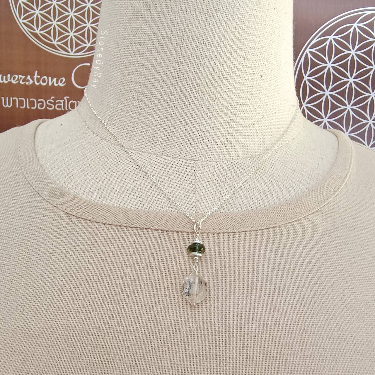 สร้อยคอเงินจี้สะเก็ดดาวโมดาไวต์กับเฮอร์คิเมอร์ไดม่อน Moldavite+Herkimer Diamond