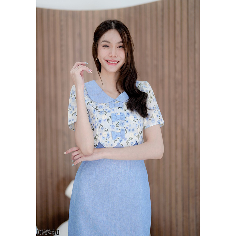 kudapy เดรสสั้นสีเขียว/สีแดง/สีฟ้า ผ้าทอแต่งโบว์ สวยใส่ออกงานดูดีน่ารักมากๆ