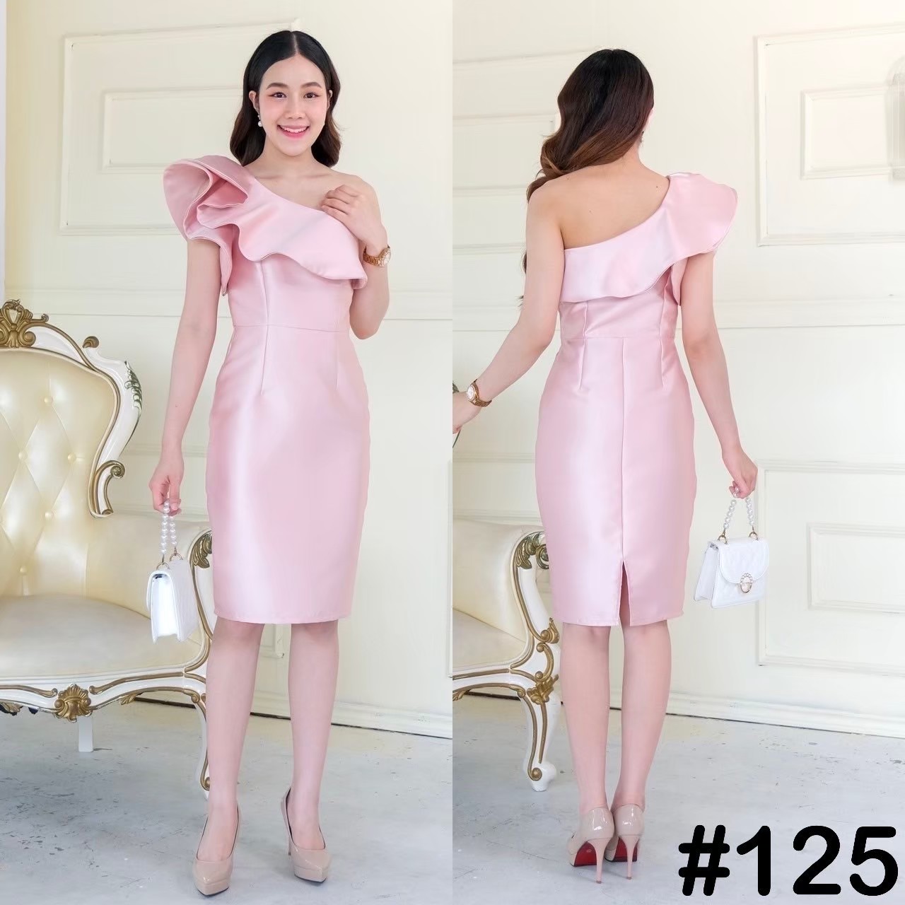 kudapy เดรสสั้นสีขียวอมเทา,ชมพู,ฟ้า,แดง,ทอง,เทา,กรม ,เขียว บ่าเดี่ยว จับเดรปแขน สองชั้น ระบายจีบช่วงอก