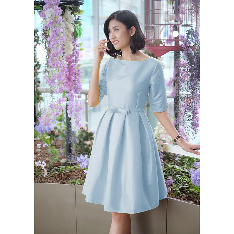 kudapy เดรสสั้นสีเหลือง/โอรสอ่อน/ฟ้า แขนสามส่วน เอวด้านหน้าเย็บแต่งโบว์ กระโปรงจับจีบรอบตัว