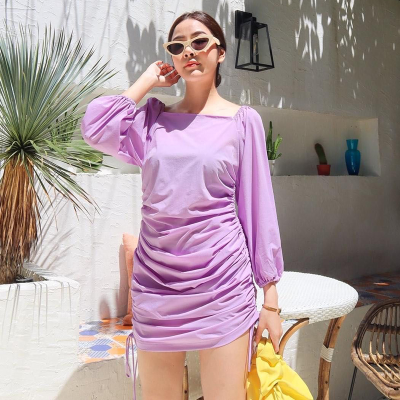 kudapy เดรสสั้นสีชมพู/ม่วง/เหลือง/เขียว ซิปหลังใส่ง่าย แขนพองนิดๆ คือแซ่บ เนื้อผ้าดียืดหยุ่นได้