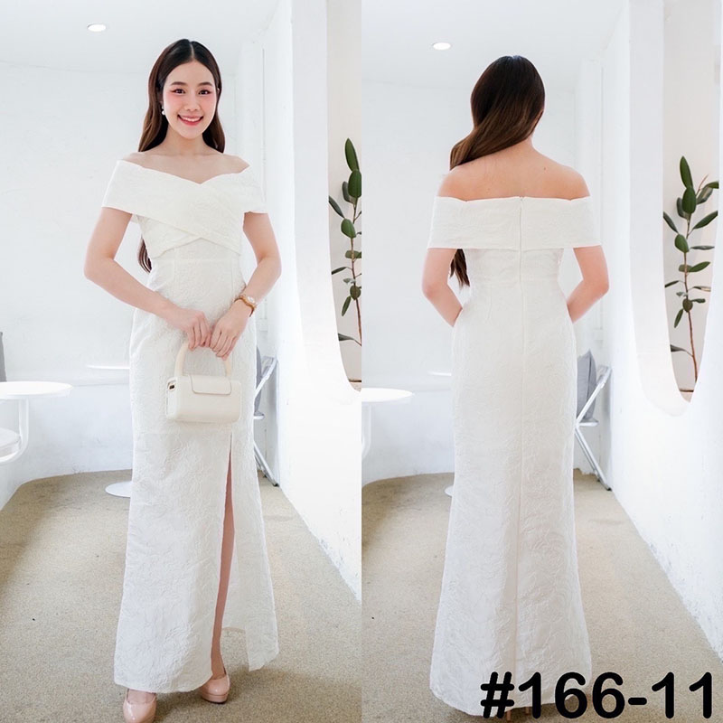 kudapy เดรสยาวสีขาว/สีชมพู/สีเขียว/สีกรม อกไขว้ใหญ่ เปิดบ่าผ่าหน้า เนื้อผ้าทอลายดอก ดีงาม เดรสใส่ออกงาน