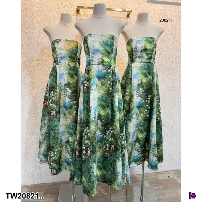 kudapy เดรสยาวสีเขียว เกาะอกซิปด้านหลัง + ยางยืดกระโปรงจับจีบด้านข้าง พิมพ์ลาย