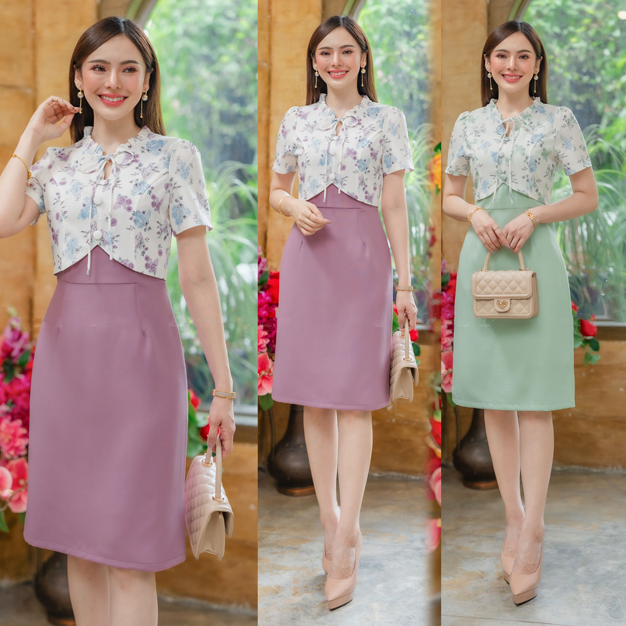 kudapy เดรสผ้าโพลีเอสเตอร์นำเข้าอย่างดี แต่งตัวเสื้อเป็นแบบกั๊กลายดอกงานน่ารัก