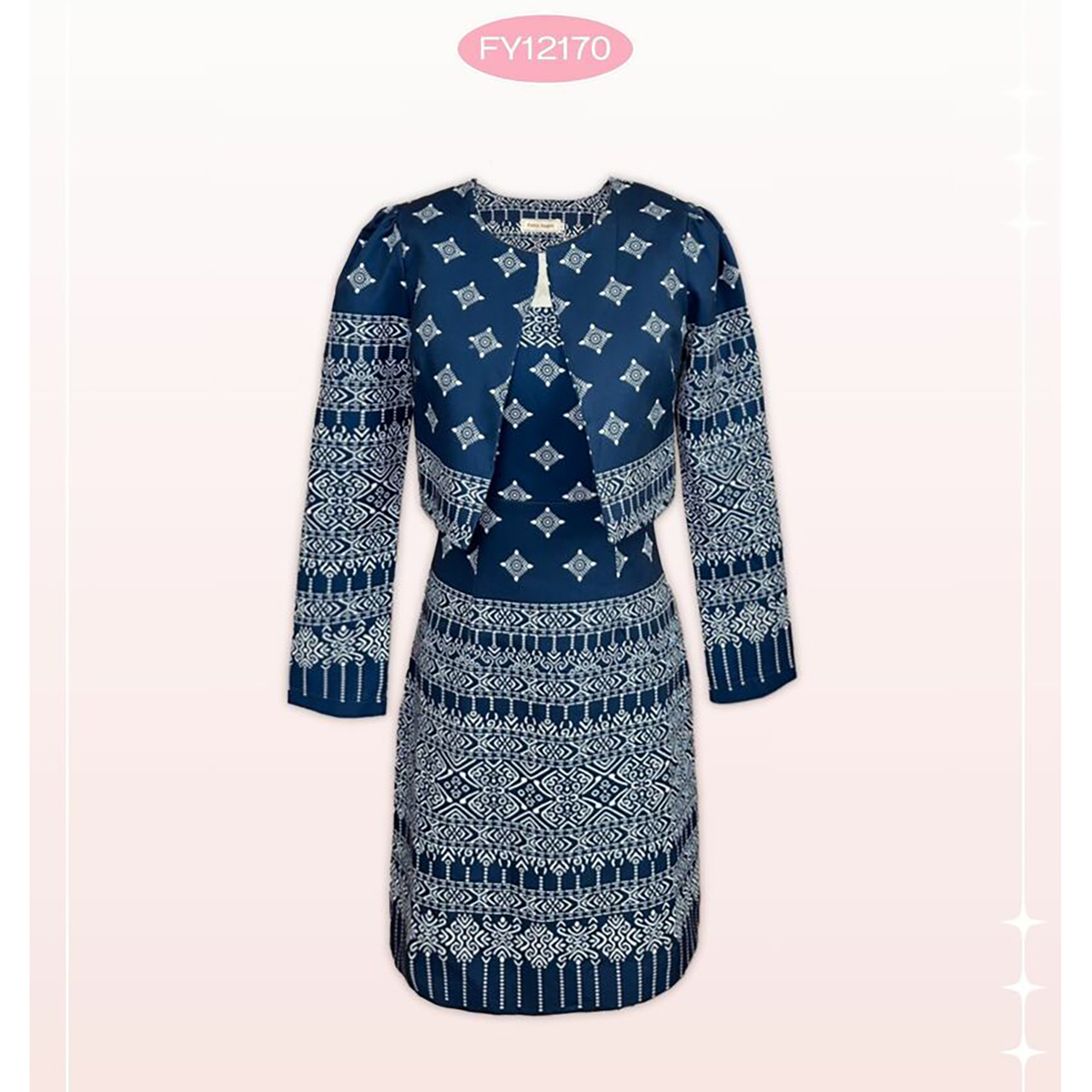 kudapy เซ็ทสีกรม เสื้อคลุมแขนยาวลายไทย+ชุดเดรสสั้นแขนกุดผ้าลายไทยสวยดูดี