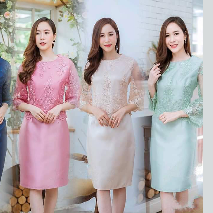 kudapy ชุดเดรสสั้นคอกลม แขนยาวสามส่วนสีเขียวมิ้ท์/สีชมพู/สีครีมทอง เดรสปักเลื่อมกากเพชร ทรงเอเข้ารูป งานซับใน ซิบหลัง