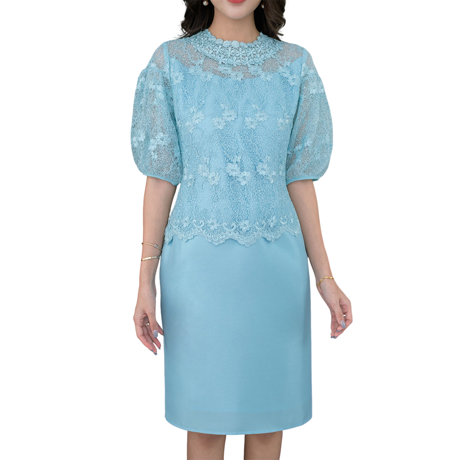 kudapy เดรสสั้นแขนกระดิ่งพองสีชมพู สีฟ้า ลูกไม้+ผ้าไหมทรงเอ ใส่สบายไม่ร้อย ทรงสวยงานมากค่ะ