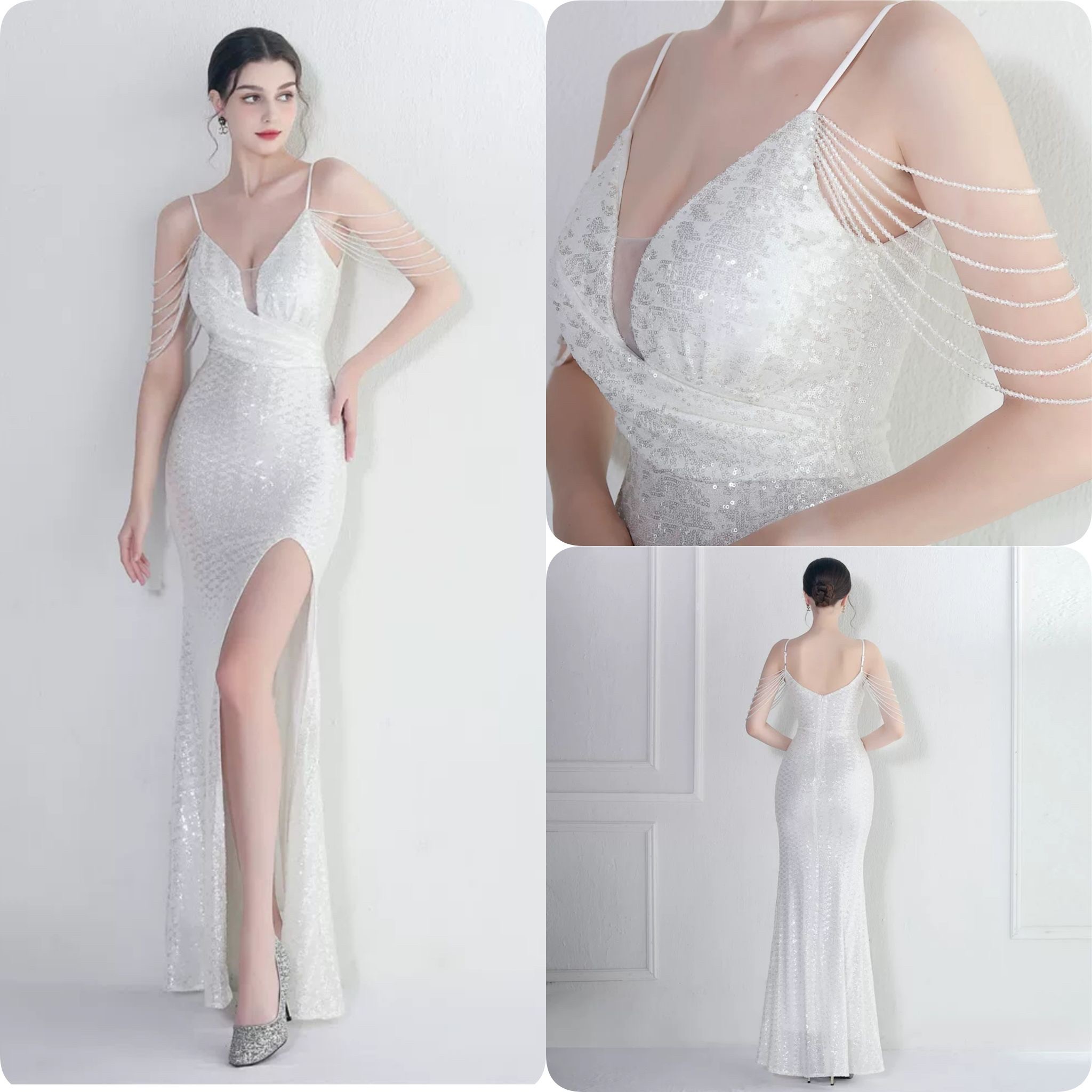 kudapy ชุดราตรียาวสายเดี่ยวปักเพชรสีทองโรสโกลด์,สีเขียว,สีแดงเบอร์กันดี้ ผ่าหน้า ผ้ากริสเตอร์ ยืดตามตัว