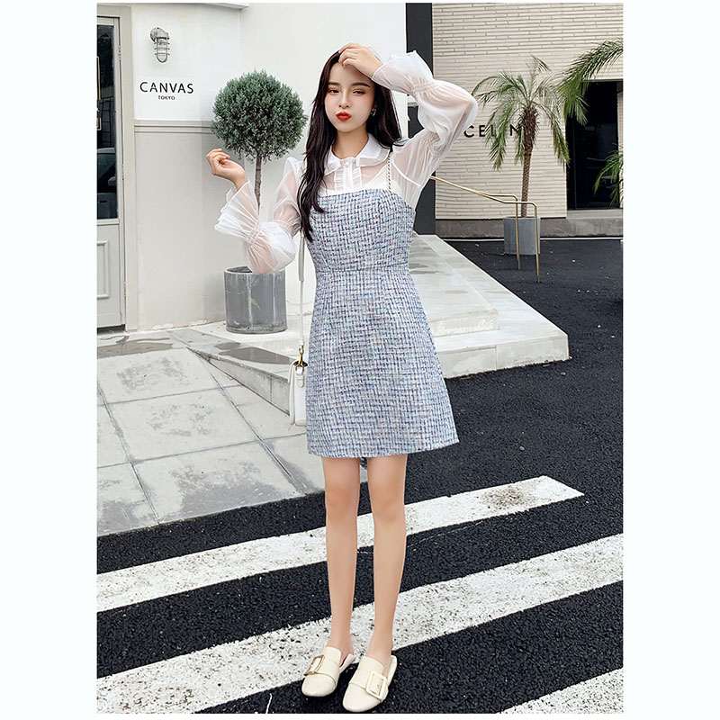 kudapy เดรสสั้นสีฟ้า ผ้ากระสอบทรงเอแคบโทนฟ้าสายเดี่ยวมีเสื้อตัวในเป็นผ้าแก้วคอบัว แขนยาวจั๊มแขน