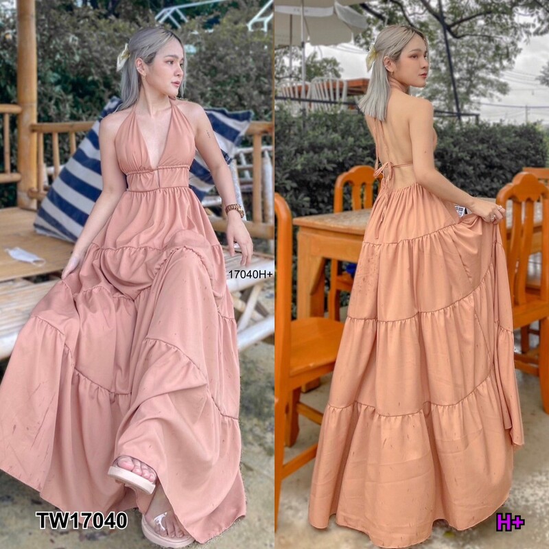 kudapy แม็กซี่เดรสสีบานเย็น น้ำตาล สายเดี่ยวผูกคอยาว เนื้อผ้าไหมอิตาลี่ มีเชือกผูกหลัง อกเสริมฟองน้ำ ใส่ไปเที่ยว