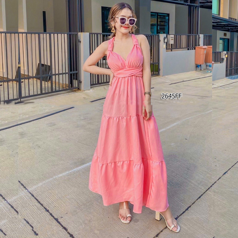 kudapy แม็กซี่เดรสสีขาว ส้มอิฐ แดง เทา เหลือง ชมพู คล้องคอผูกโบว์ ผ้าโฟร์เวย์สีพื้น เอวสม็อคหลัง งานสวยสวิงพริ้วๆ