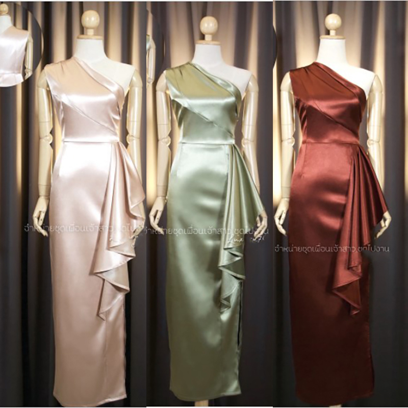 kudapy เดรสยาวออกงานสีแดงไวน์/สีครีมทอง/สีเขียวอมเทา/สีแดง บ่าเดี่ยว อกประกอบห้าชิ้น จีบสะโพก ผ่าข้าง เนื้อผ้า duchess อัดกาว เงาหนาเก็บทรง