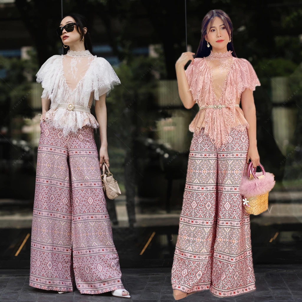 kudapy เซตเสื้อลูกไม้แต่งระบายสีขาว,สีชมพู +กางเกงขายาวทรงขาบสนพิมพ์ลาย
