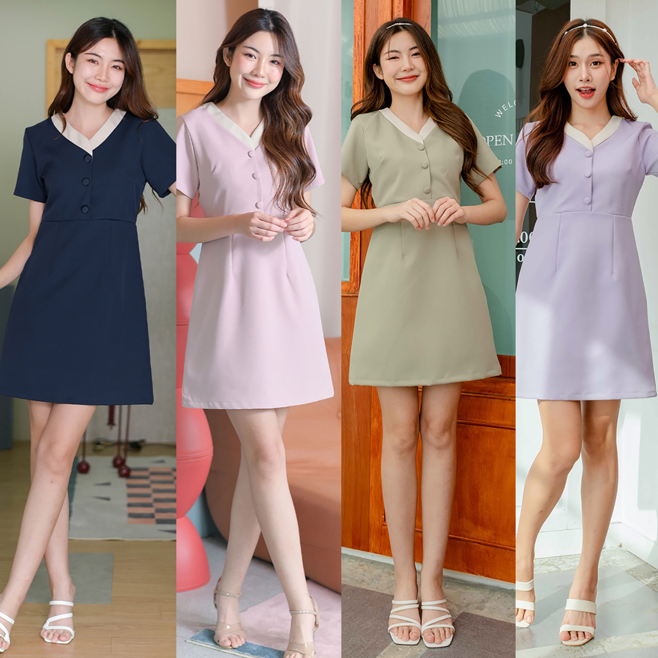 kudapy เดรสแขนสั้นคอวี แต่งคอทูโทน แพทเทิร์นตัดต่อกลางตัวเสื้อแต่งกระดุมปั๊มเพิ่มความคิวท์