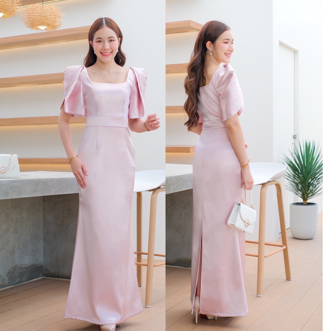 kudapy เดรสราตรียาว แขนสั้น ดีเทลแขนกลีบดอกไม้สองชั้น คอเหลี่ยม กระโปรงหางปลา ซิปหลังใส่ง่าย