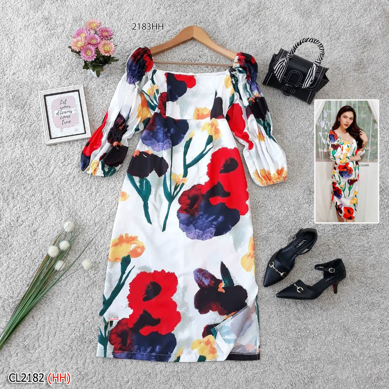 kudapy เดรสยาวสีขาว/สีแดง/สีกรม ผ้าพิมพ์ลายดอกไม้ ผ้าญี่ปุ่นเนื้อผ้าหนากำลังดีใส่เย็นสบาย ลื่นๆ